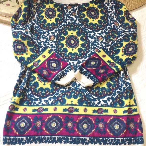 TALBOTS 100% Merino Wool Audrey Mosaics Multi Green Purple Yellow Print - Picture 5 of 12